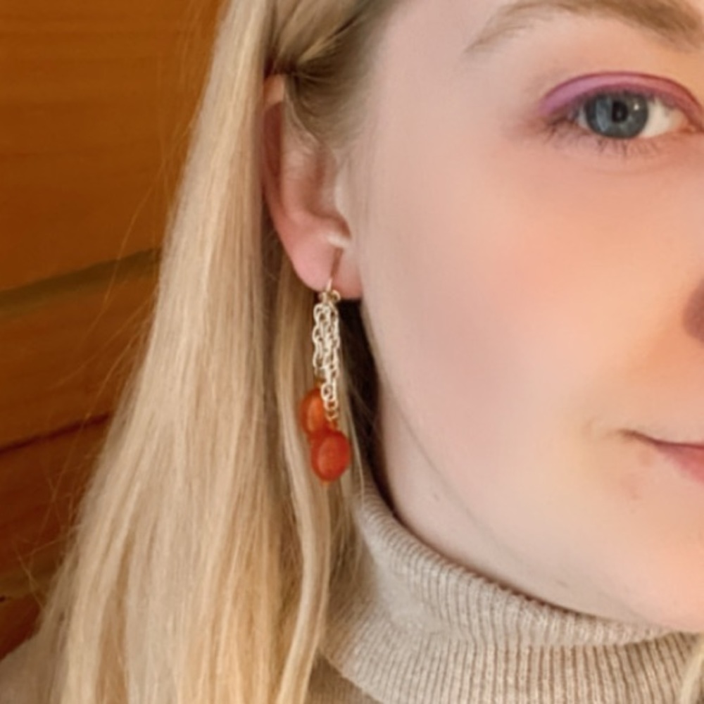 Vintage Sarah Cov Coventry Clip On Earrings Dangle Gold Chain Orange Beads